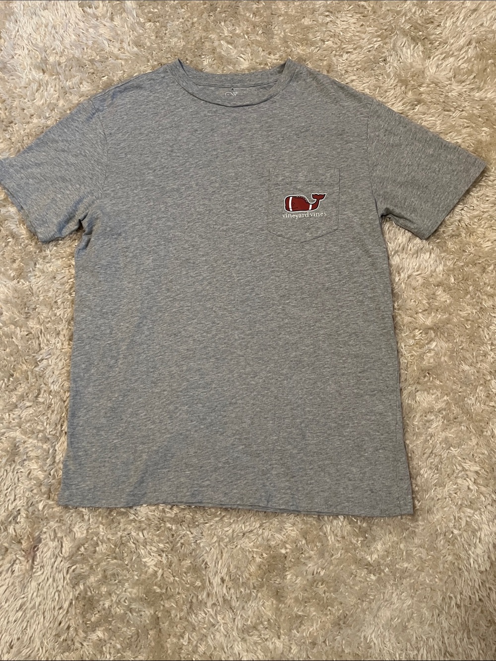 Vineyard Vines Heather Gray Pocket Tee with Red Whale/Football Logo